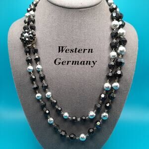Vintage Western Germany Black Silver Bead Necklace Two Strand Mid Century